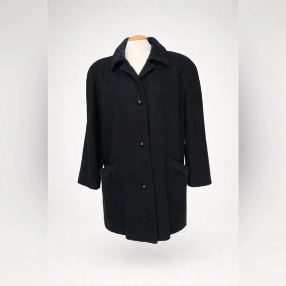 VINTAGE - Black Wool Coat with Shearling Collar | Minimalist Oversized Jacket - Picture 3 of 13